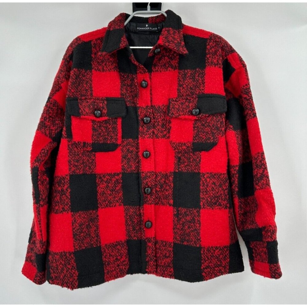 Pomander Place Tuckernuck Austen Shirt Jacket Red Buffalo Check Wool Shacket XS